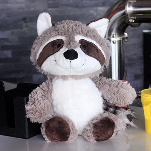Soft plush raccoon stuffed animal toy in brown and white fur, sitting pose for kids