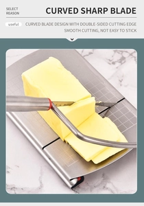 Detail showing curved stainless steel blade slicing butter on a grid scale base