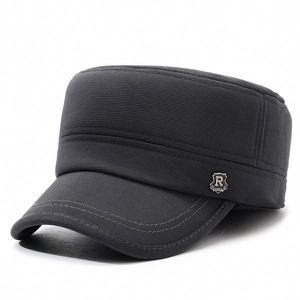 Men's winter flat top warm cap in charcoal gray fabric with ear protection design