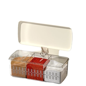 Three-compartment kitchen seasoning box with beige flip lid for spice storage