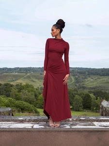 Slim fit burgundy long sleeve maxi dress with side slit and elegant draped design