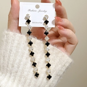 Chic 925 silver star tassel earrings with black and white crystal zircon stones