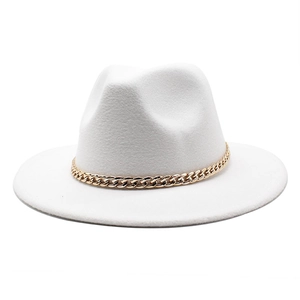 Classic white wool fedora hat featuring a stylish gold chain band for men and women