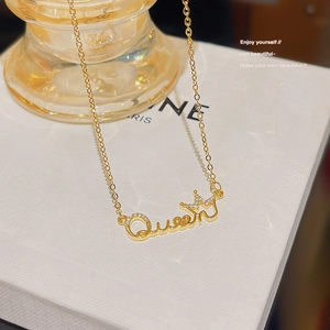 Elegant gold Queen letter necklace with crown zircon pendant for women style