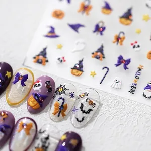 3D Halloween nail stickers with pumpkins, ghosts and gems for holiday nail art decoration