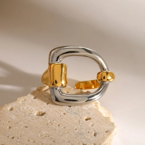 Minimalist 18k gold and silver two-tone stainless steel D-shaped open ring on stone