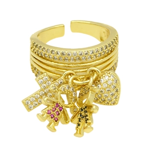 Adjustable gold plated ring with cross, heart, and zircon boy and girl charms