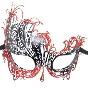 Elegant red and black masquerade mask with baroque hollow lines and sparkling rhinestones