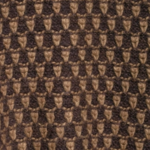 Macro shot of loose long-sleeved knit cardigan with textured brown and camel knit patterns