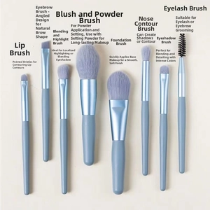 Detail view of 8-piece light blue makeup brush set with soft gradient bristles and handles