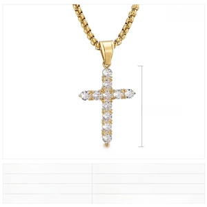Detailed view of hip-hop cross pendant with micro-pave zircons and product specs