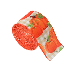 Orange plaid autumn ribbon with pumpkin patterns for Thanksgiving decoration roll