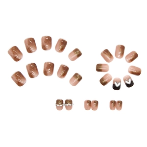 Amber marble press-on nails set with rhinestones and black French tips for women