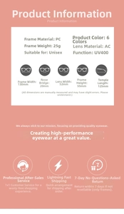 Detailed size chart for children's UV400 sunglasses with PC frame measurements