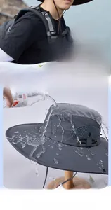 Detail von wasserdichtem, schnelltrocknendem Stoff und Netzgewebe am grauen Sonnenhut