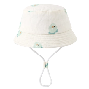 Detailed view of baby sun hat with blue bird prints and adjustable white chin strap