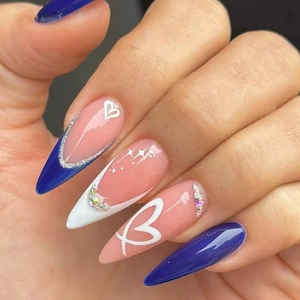 Blue French Press On Nails Almond Shape Heart Pattern Rhinestone Glitter Luxury Artificial Fingernails Women