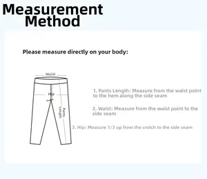 Detailed size guide showing measurements for waist, hips, and length on yoga pants