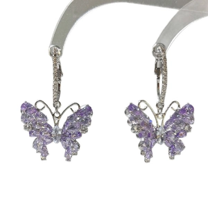 Sparkling silver purple butterfly drop earrings with cubic zirconia in a modern design