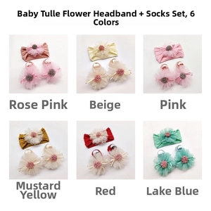 Detail view of baby chiffon flower headband and sock sets available in six assorted colors
