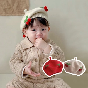 Baby Beret Hat Soft Knit Winter Warm Cherry Decoration Sweet Cute Style For Infants Toddlers