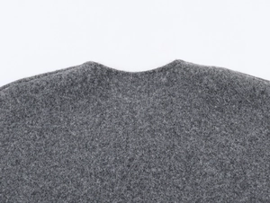 Close-up of grey knitted cardigan neckline showing thick wool texture and fine stitching