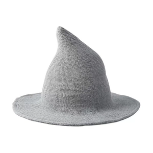 Gray knitted pointed witch hat with wide brim for Halloween, high-quality wool texture