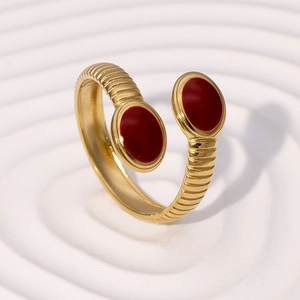 Retro gold-plated stainless steel open ring with dual dark red enamel oval inlays