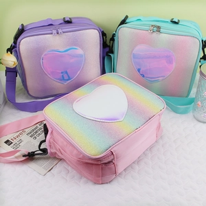 Glitter thermal lunch bags with holographic heart patches in purple and pink gradients