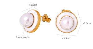 Detail view of 1.3cm gold titanium earrings with inlaid glass beads and size markings