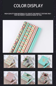 Detailed view of six diverse geometric and colorful patterns on rolled gift wrapping paper