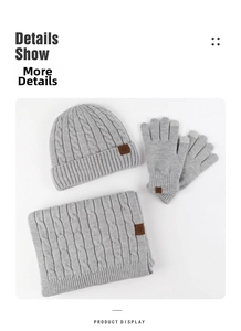 Detail of light gray knit winter set including hat, scarf, and touchscreen gloves