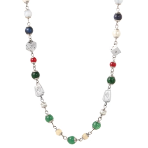 Titanium steel necklace with colorful beads, dice and playing card charms on white background