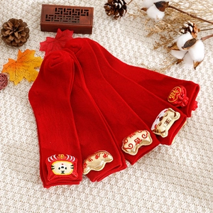 Red Christmas baby knit socks with 3D tiger and lucky embroidery on white texture