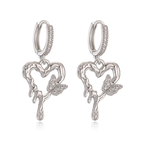 Silver liquid heart drop earrings with butterfly cubic zirconia accents on white background