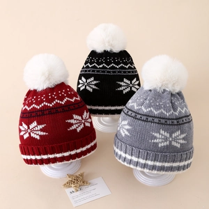 Kids Knitted Beanie Hat Acrylic Winter Warm Snowflake Christmas Pom Pom Ear Protection Outdoor
