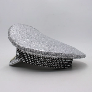 Sparkling silver sequin military hat for parties featuring rhinestones and pearls
