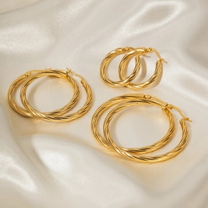 Three pairs of 18k gold plated cable texture hoop earrings in small, medium, and large sizes