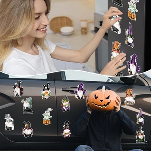 Gnome skeleton Halloween magnetic stickers shown on both refrigerator and car door surfaces