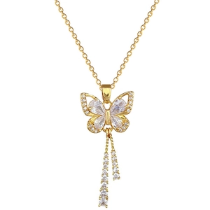 Gold butterfly tassel necklace with cubic zirconia pendants on stainless steel chain