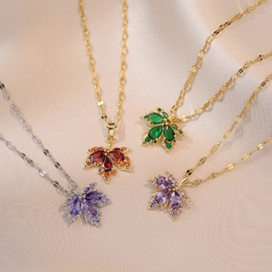 Stainless Steel Maple Leaf Pendant Necklace With Zirconia Elegant Fashion Jewelry For Women Gift Daily Commute