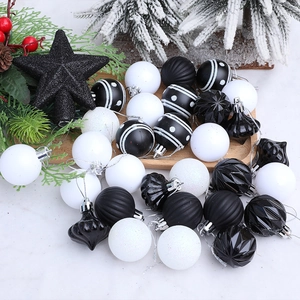 31pcs black and white Christmas tree ornaments set with star topper on wooden tray