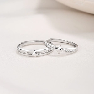 S925 Sterling Silver star couple rings with adjustable open band for lovers gift