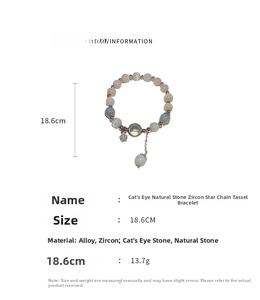 Detailed size and specs for zircon star cat eye stone beaded tassel bracelet