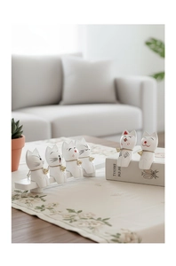 Set of 6 cute white cat figurines with golden bells for shelf and desk decoration