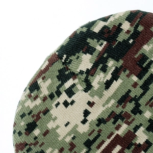 Macro shot of high-quality digital camouflage jacquard knit pattern for men's winter beanies