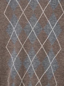 Detail view of wool blend argyle knit fabric with brown and grey patterns