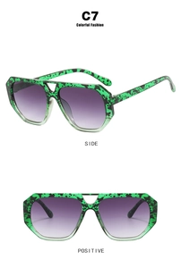 Irregular polygon double bridge sunglasses with green camo frames and purple gradient lenses