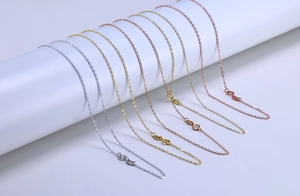 Detail of s925 sterling silver cable chains in silver, gold, and rose gold finishes