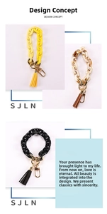 Detailed view of acrylic chain keychains with colorful tassels and golden lobster clasps